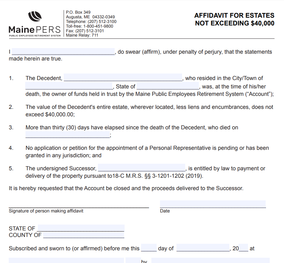 Small Estate Affidavit Form Maine