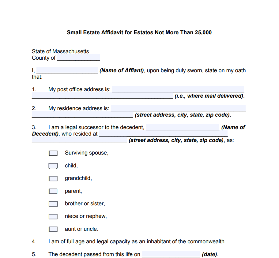 Small Estate Affidavit Form Massachusetts