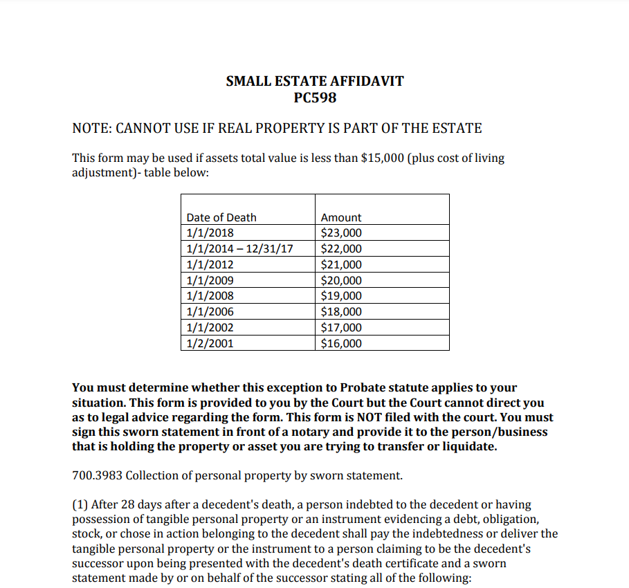 Small Estate Affidavit Form Michigan