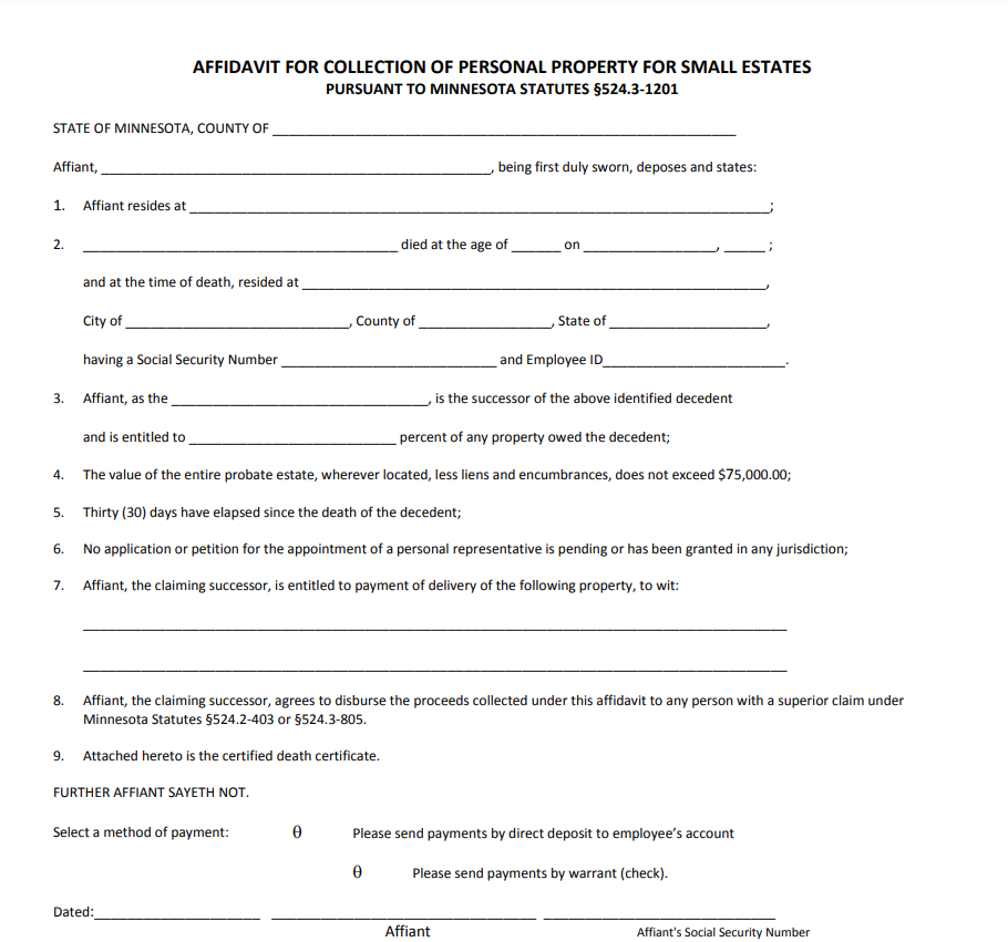 Small Estate Affidavit Form Minnesota