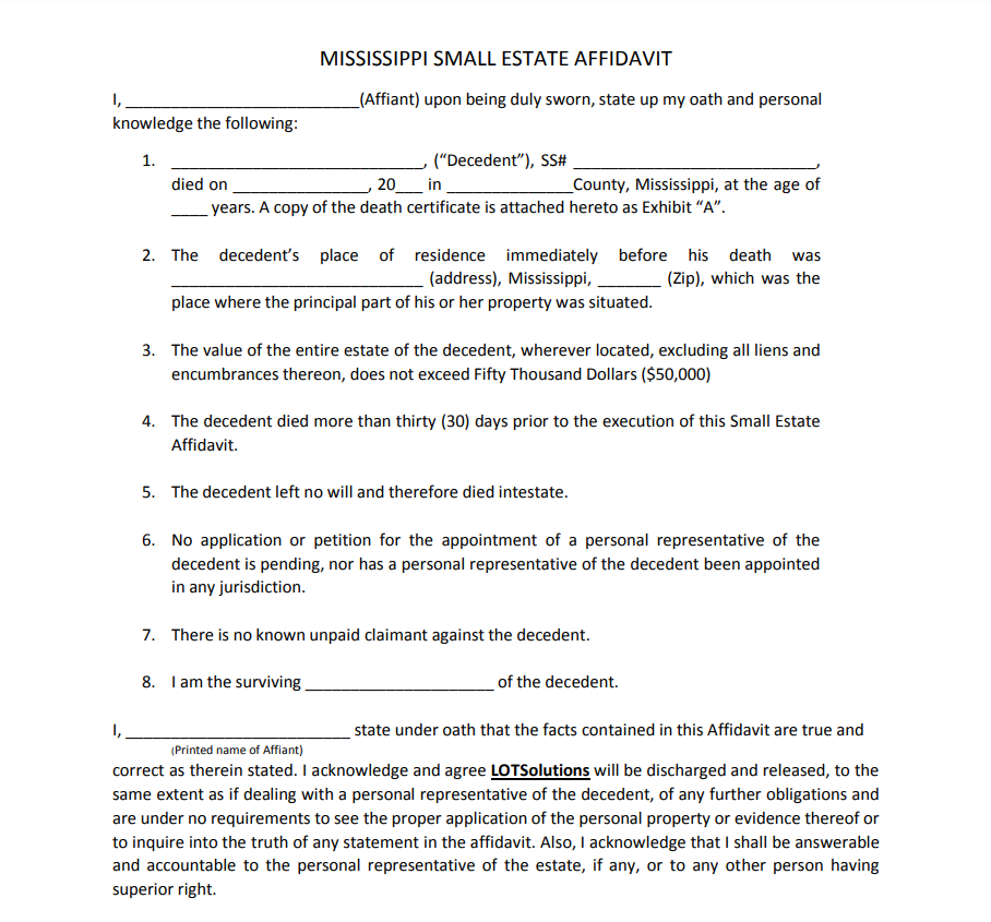Small Estate Affidavit Form Mississippi