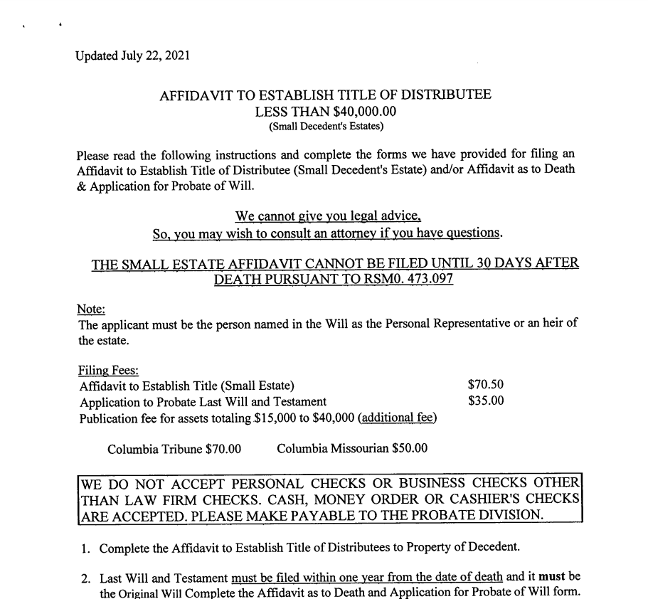 Small Estate Affidavit Form Missouri
