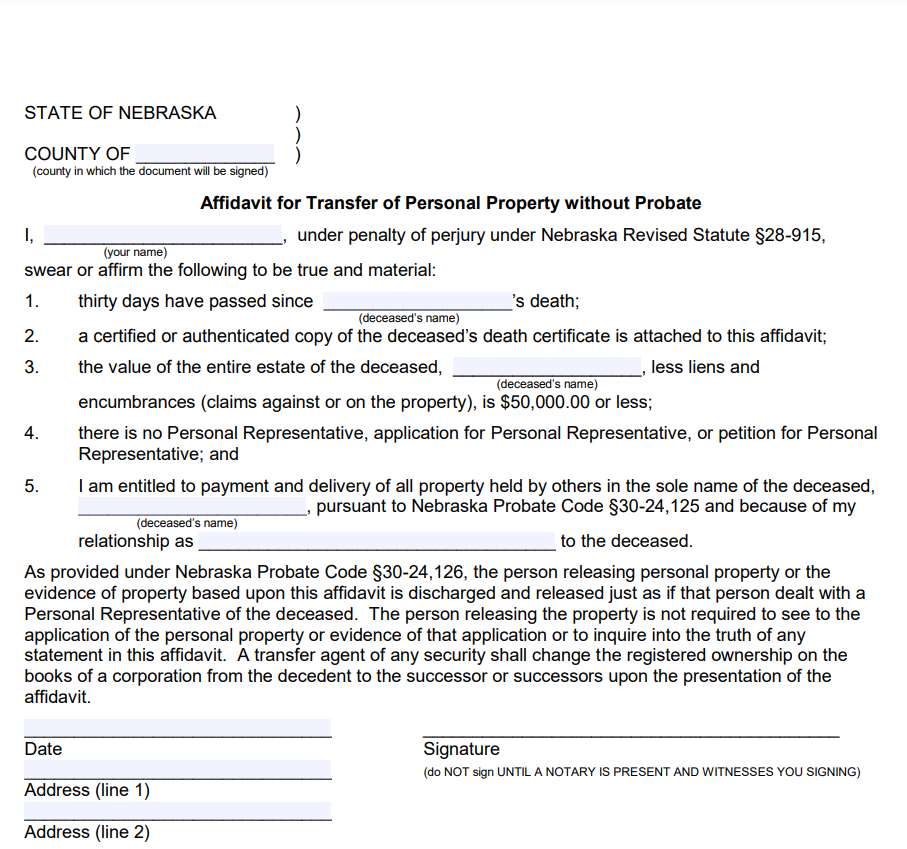Small Estate Affidavit Form Nebraska