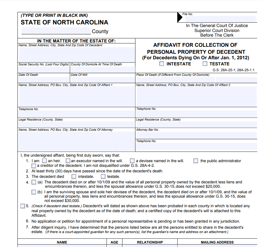 Small Estate Affidavit Form North Carolina