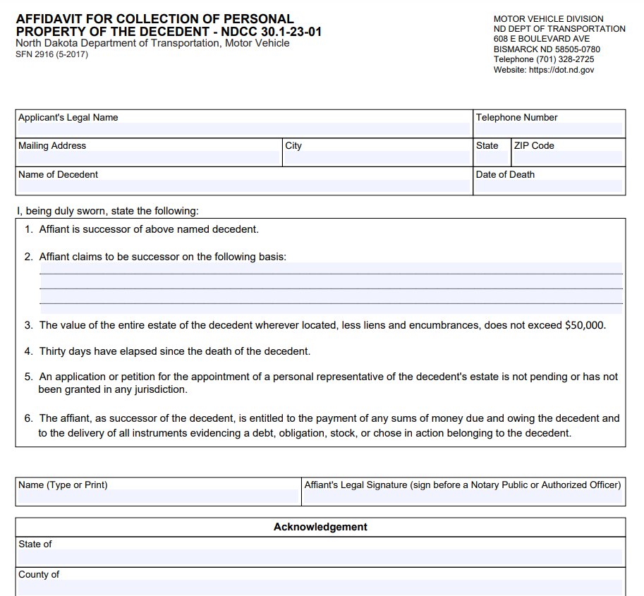 Small Estate Affidavit Form North Dakota