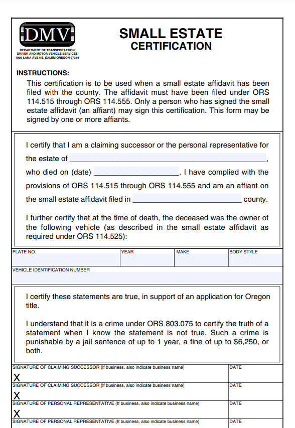 Small Estate Affidavit Form Oregon