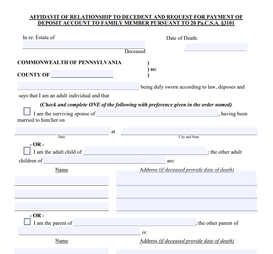 Small Estate Affidavit Form Pennsylvania