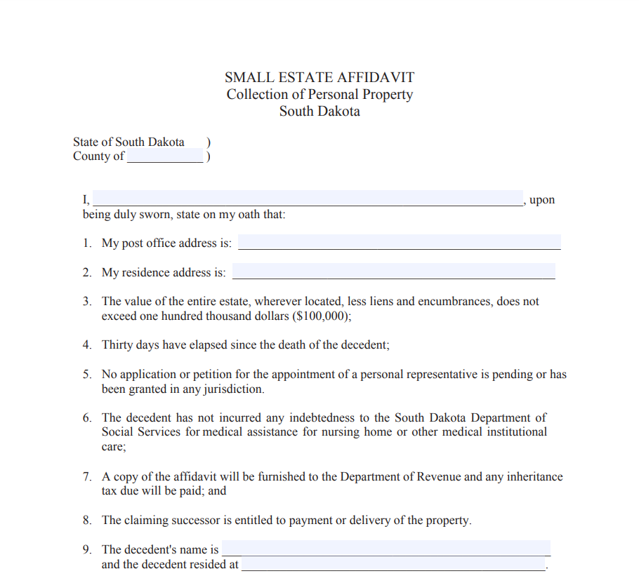 Small Estate Affidavit Form South Dakota