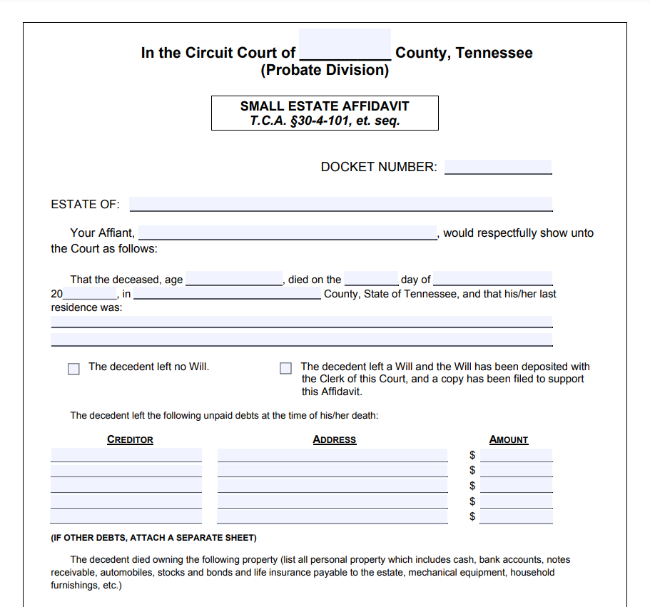 Small Estate Affidavit Form Tennessee