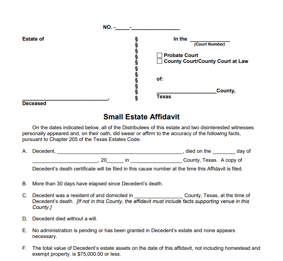 Small Estate Affidavit Form Texas