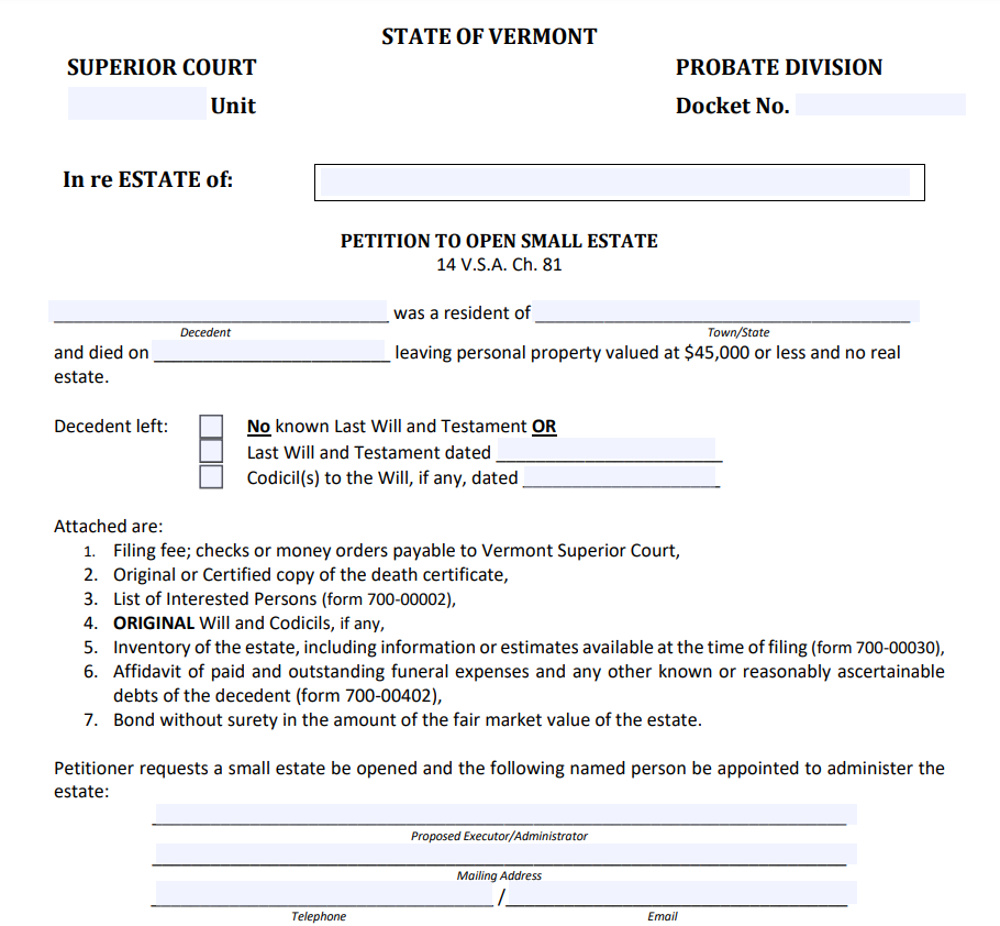Small Estate Affidavit Form Vermont