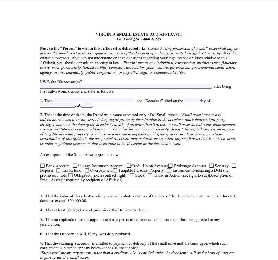 Small Estate Affidavit Form Virginia