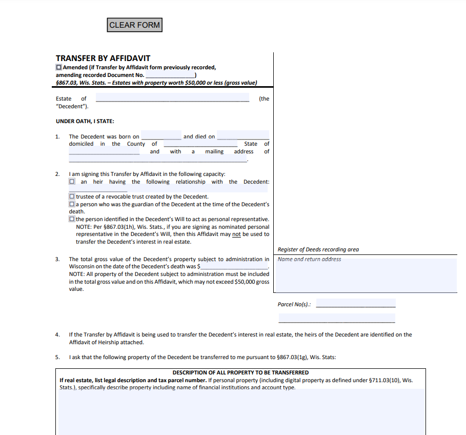 Small Estate Affidavit Form Wisconsin